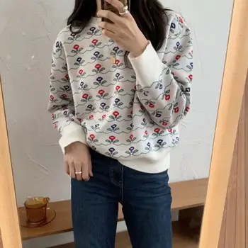 

Alien Kitty Vintage Floral Print Sweater Women Korean Style New Autumn Winter O-neck Knitted Pullovers Loose Jumper Pull Femme