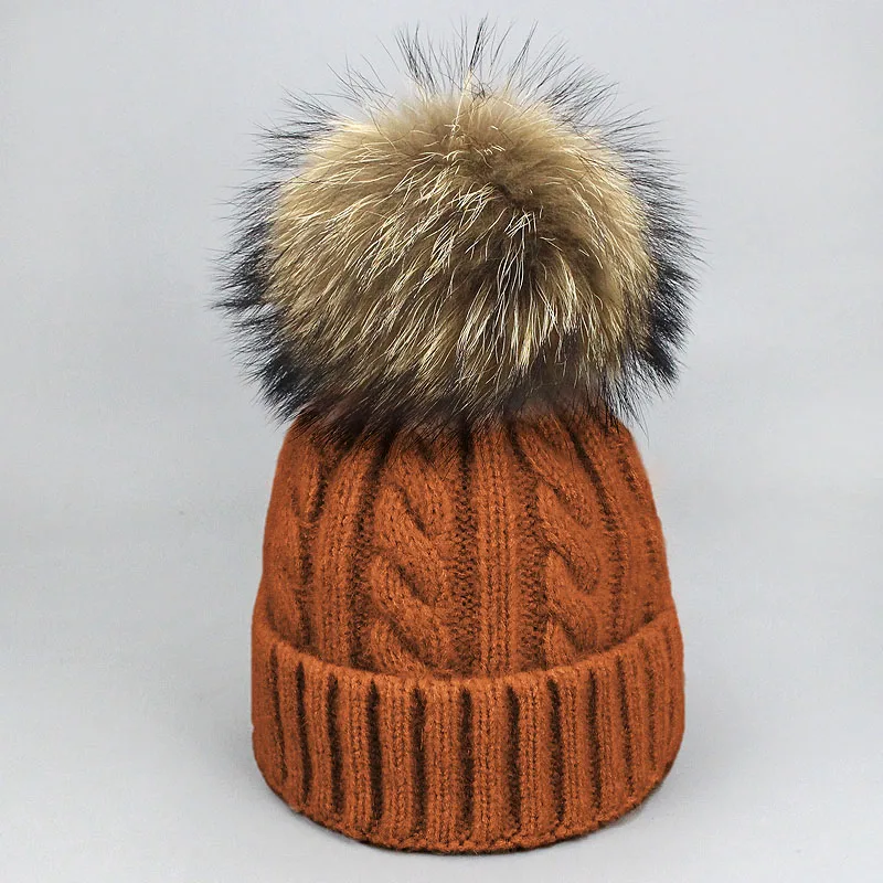 Помпоновая шапочка из натурального меха енота, шапка для женщин, детей, Осень-зима, уличная теплая шерстяная шапка Skullies, шапки, детские вязаные шапочки