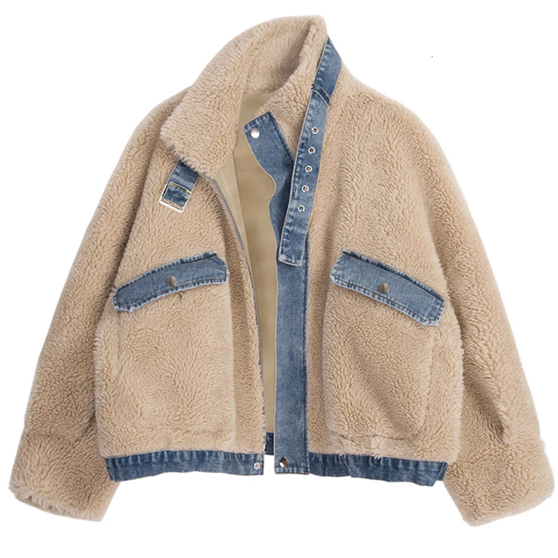 [] Loose Fit pricot Lambswool Big Size Jacket New Stand Collar Long Sleeve Women Coat Fashion Tide utumn Winter 1074