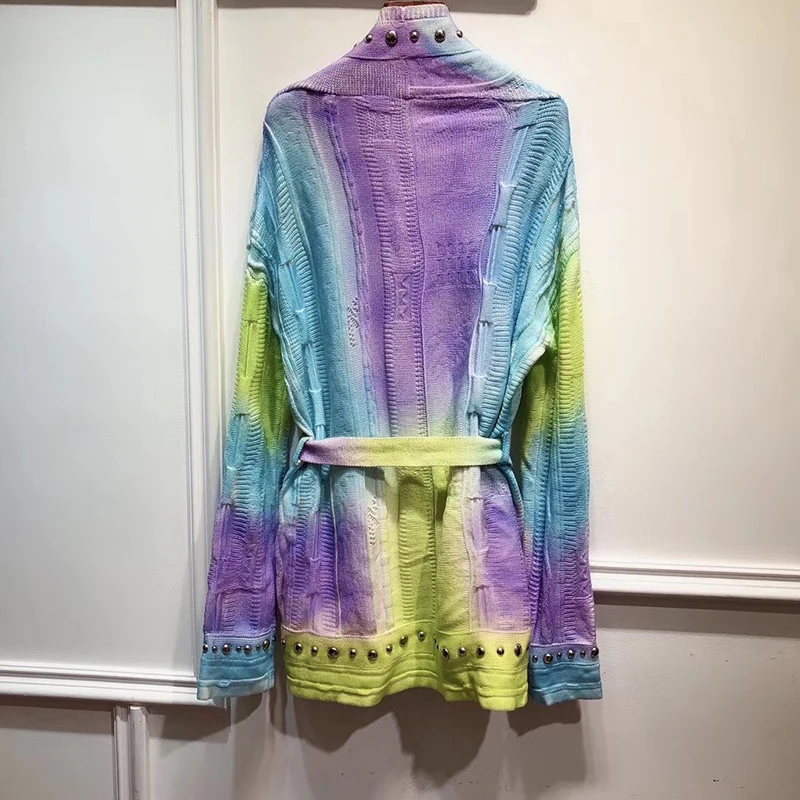 Colorful Knitted Cardigan Women Casual Long Sleeve Rivet Jumper Autumn Oversize Sweater Top