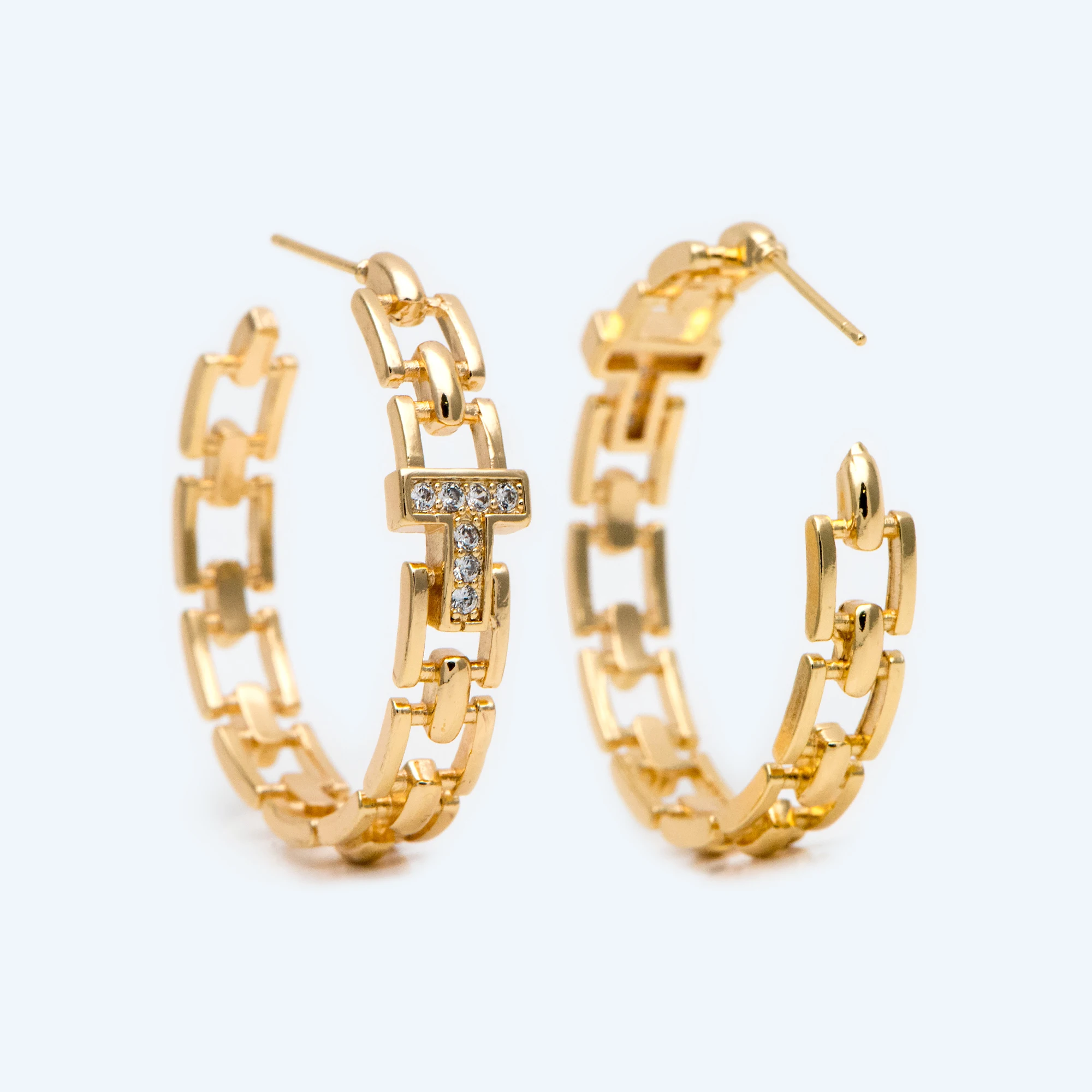 

4pcs CZ Paved Chunky Gold Thick Chain Hoop Earrings, For Jewelry Making Diy Material Accessories Supplies (GB-2012)