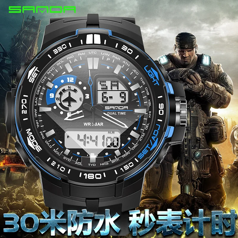 

Three Needle Trend Multi-functional Electronic Watch Dual Display Waterproof Men Sports Watch SANDA Table