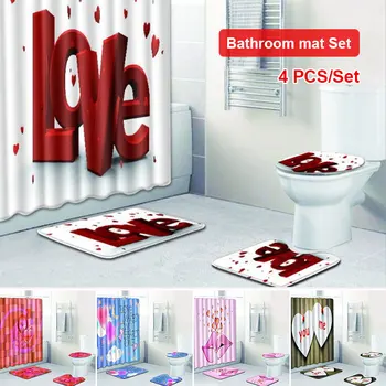 

Curtains Polyester LOVE Shower Curtain Bathroom Mat 4Pcs/Set PVC Non-Slip Valentine'S Day Home Decor Wedding Carpets