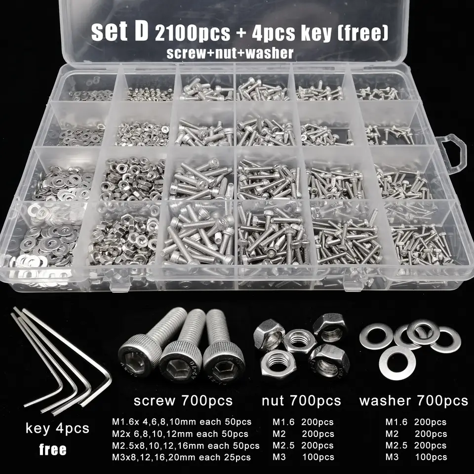 Total 400/650/1140/2100X M1.6 M2 M2.5 M3 M4 M5 304 Stainless Steel Hexagon Hex Socket Cap Head Screw Bolt Nut Set Assortment Kit image 9