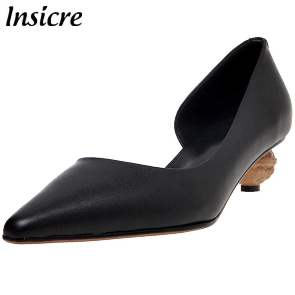 

Insicre Women Pumps Full Genuine Leather Strange Heels 3.5 cm Slip On Cow Leather Female Summer Shoes Black Pointed Toe Mid Heel