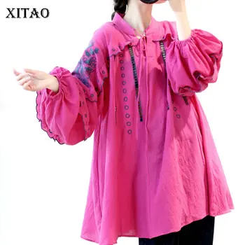 

XITAO National Bohemian Print Shirt Long Hollow Out Bandage Bow Women Clothes 2020 Spring New Pullover Puff Sleeve Top ZLL4910