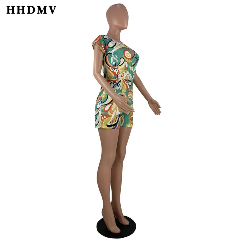 HHDMV OX8051 Fashion Women Summer Colorful Print Short Sleeve Playsuit Sexy Club Short Pant Rompers V-neck Jumpsuit