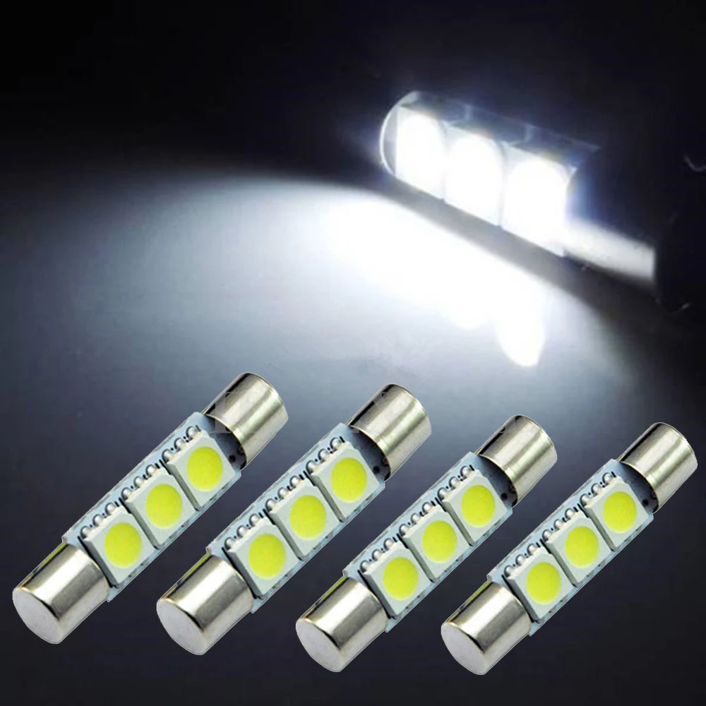 

4pcs HID 5050 3-SMD 31mm 6641 6614F Fuse Car Interior LED Lights Bulbs Vanity Mirror Sun Visor Lamp White 12V Car Accessories