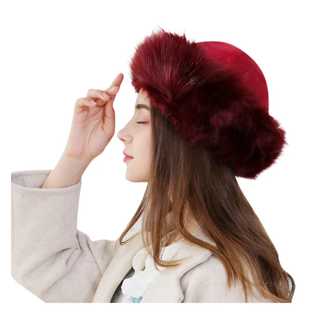 Зимние шляпы из искусственного меха Модные женские зимние монгольские русские уличные шапки однотонные толстые теплые однотонные наушники шерстяные шапки - Цвет: Wine