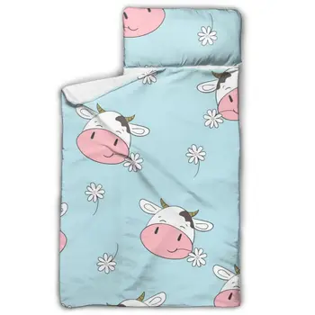 

Cute Cows With Flowers Nap Mat with blanket and Pillow for Toddler Baby Girls Portable Rolled Travel Blanket