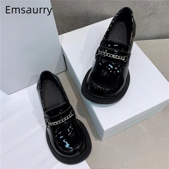 

Preppy Style Round Toe Casual Shoes Woman Square Thick Heel Black Patent Leather Chain Decor Slip-on Women Pumps