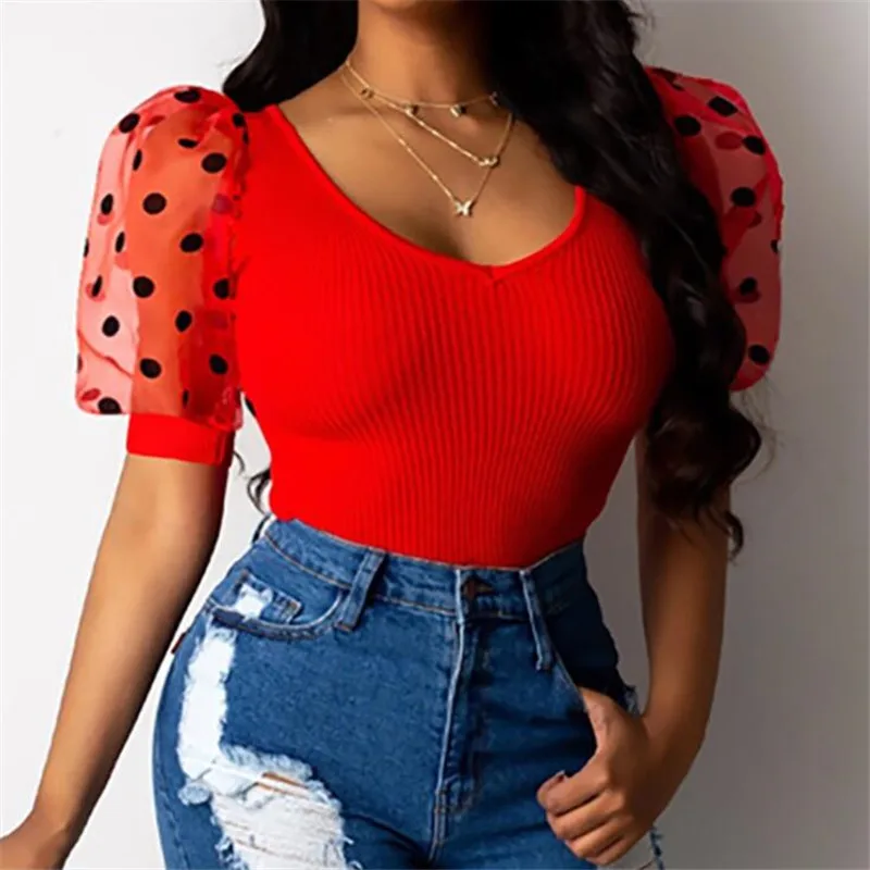 Women Sheer Mesh Puff Sleeve Blouse Shirts Women Summer Blusas Female Pullovers Elegant New See Through Tops Ribbed Shirt /BY