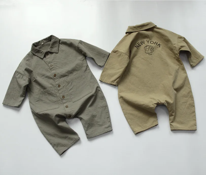 Korean Style Autumn New Children Cartoon Printed Jumpsuits Cotton Linen Unisex Kids Loose Overalls