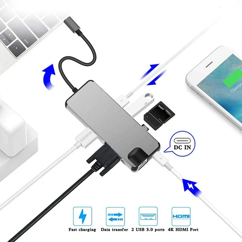 Горячая док-станция 3,0 usb-хаб type C к HDMI 4K VGA PD RJ45 гигабитная LAN SD/TF карта HDMI концентратор адаптер станция для Macbook Pro samsung