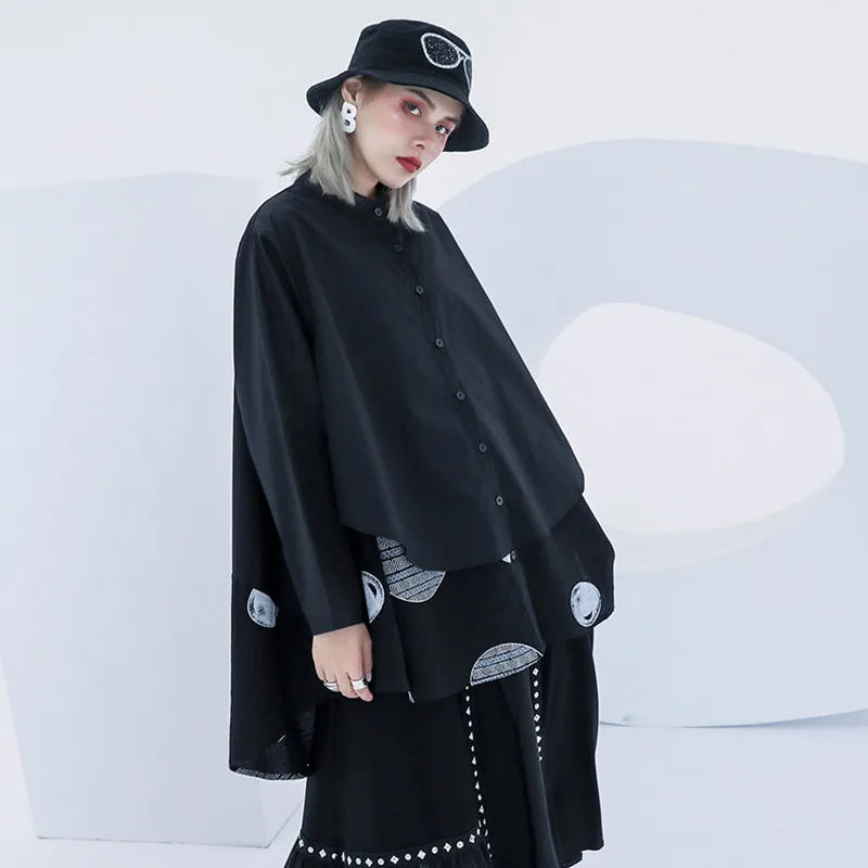 

Johnature Original Autumn New Plus Size Womens Tops And Blouses 2019 Casual Fashion Patchwork Wave Point Loose Irregular Shirts