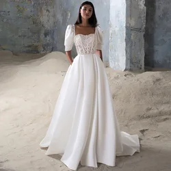 Sweetheart Half Sleeve Floor-Length A-Line with Jersey Lace  Embroidery Wedding Dresses for Ladies Party Summer Bridal Gowns