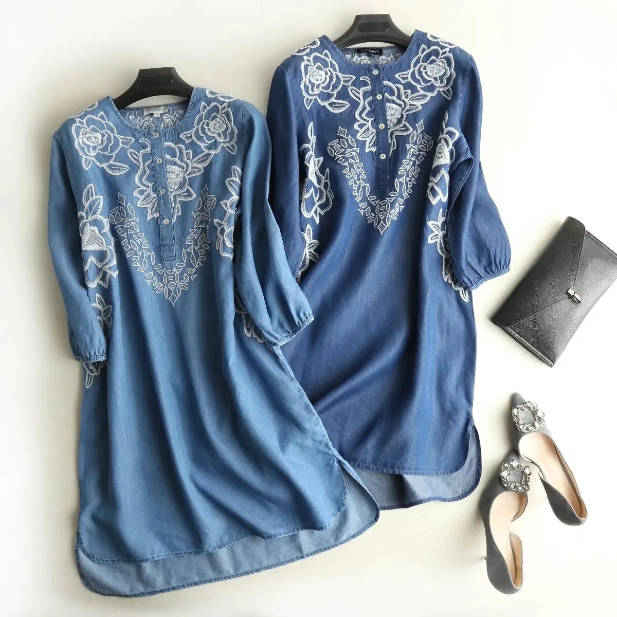 

2018 Spring Europe And America WOMEN'S Dress Crew Neck Embroidered Long Sleeve Computer Cable Lock 002