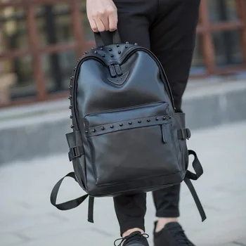 

Stylish British Leather Retro Backpack Street Fashion Personality Travel Bag Punk Style Rivets Men's Backpack