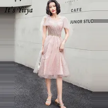 Это Yiiya платье для выпускного вечера с v-образным вырезом и коротким рукавом Формальные платья LF226 элегантный розовый размера плюс длина до колена Vestidos De Gala