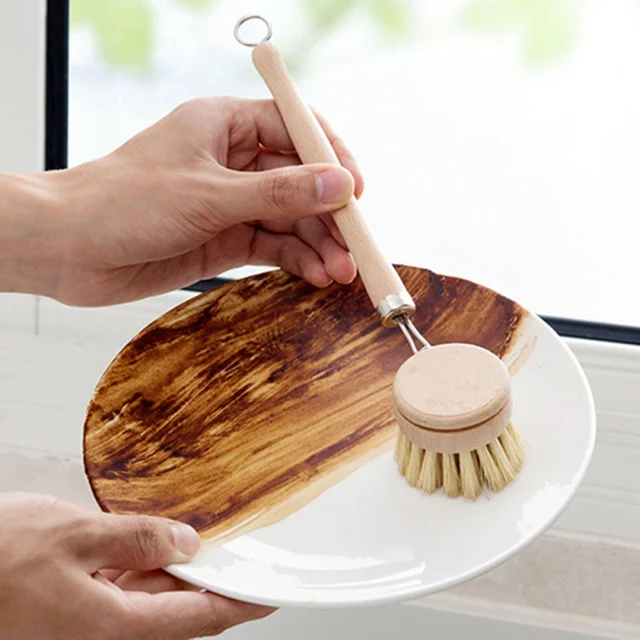 Natural Wooden Brush Long Handle Pan Pot Brush Dish Bowl Washing Cleaning Brush Household Kitchen Gadgets Brushes Cleaning Tools 1