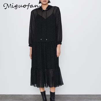 

Miguofan sexy black dress women 2020 spring Fashion Polka Dots Flocking Black Chiffon Dress Female maxi Casual Vestidos longo za