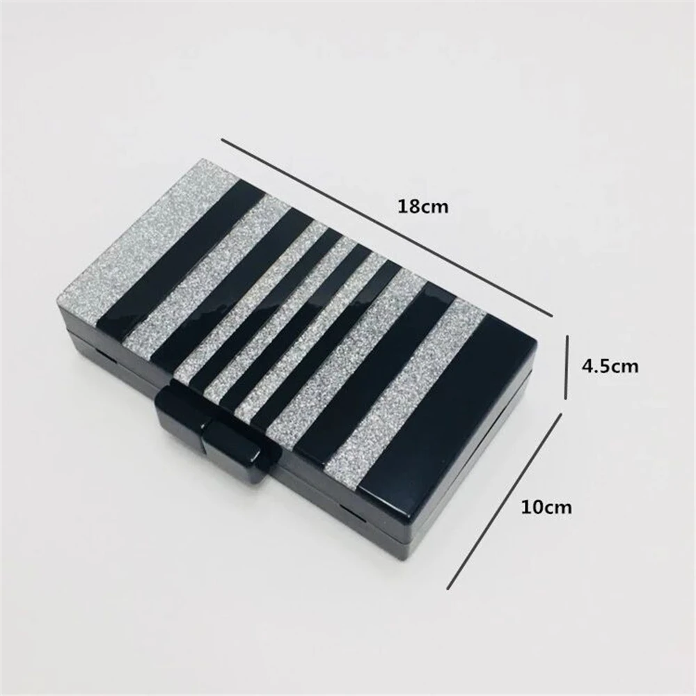 19Brand designer stylish new vertical shape striped evening bag classical black silver acrylic clutch purse cute causal handbags