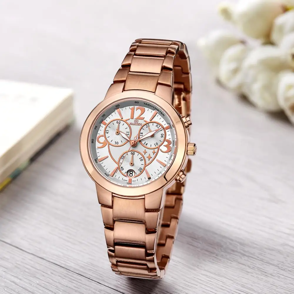 Женские кварцевые часы для женщин с кожаным ремешком и розовым циферблатом, женские водонепроницаемые Роскошные наручные часы от ведущего бренда Relogios Femininos - Цвет: Gold