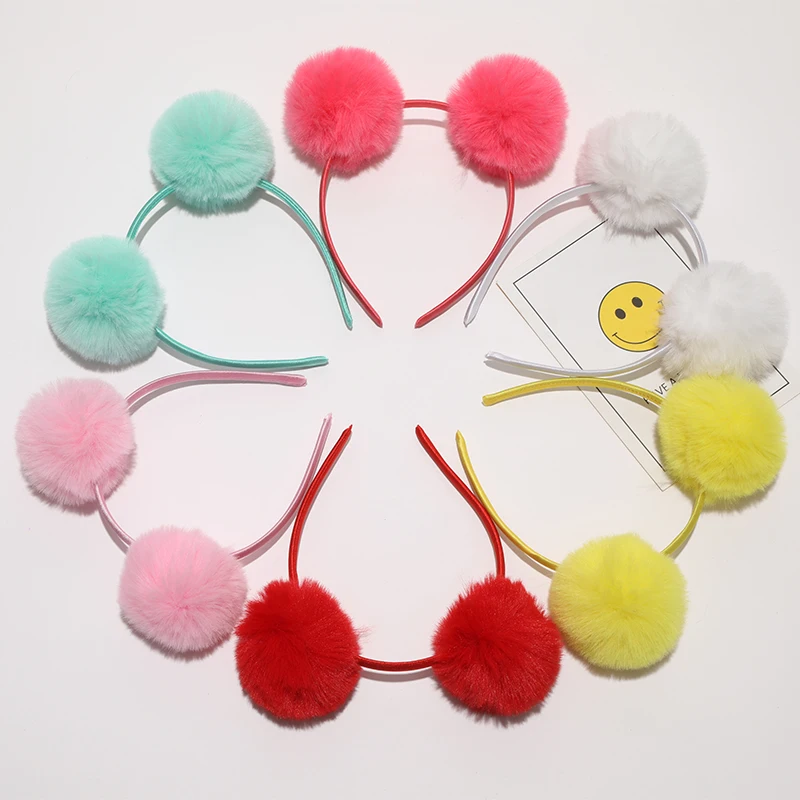 Children's Headband Candy Colors Big Solid Double Fur Ball Hair Band Hairhoop Handmade Hair Band