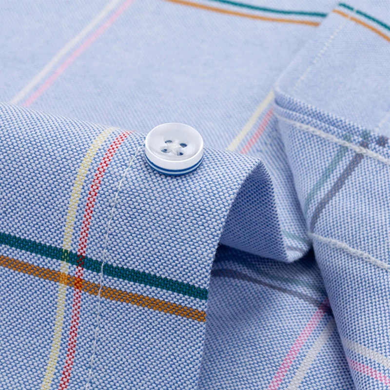S-4XL Mens Oxford Plaid Casual Dress Shirt For Men Long Sleeve Front Patch Chest Pocket Regular-fit Button-down Thick Work Shirt
