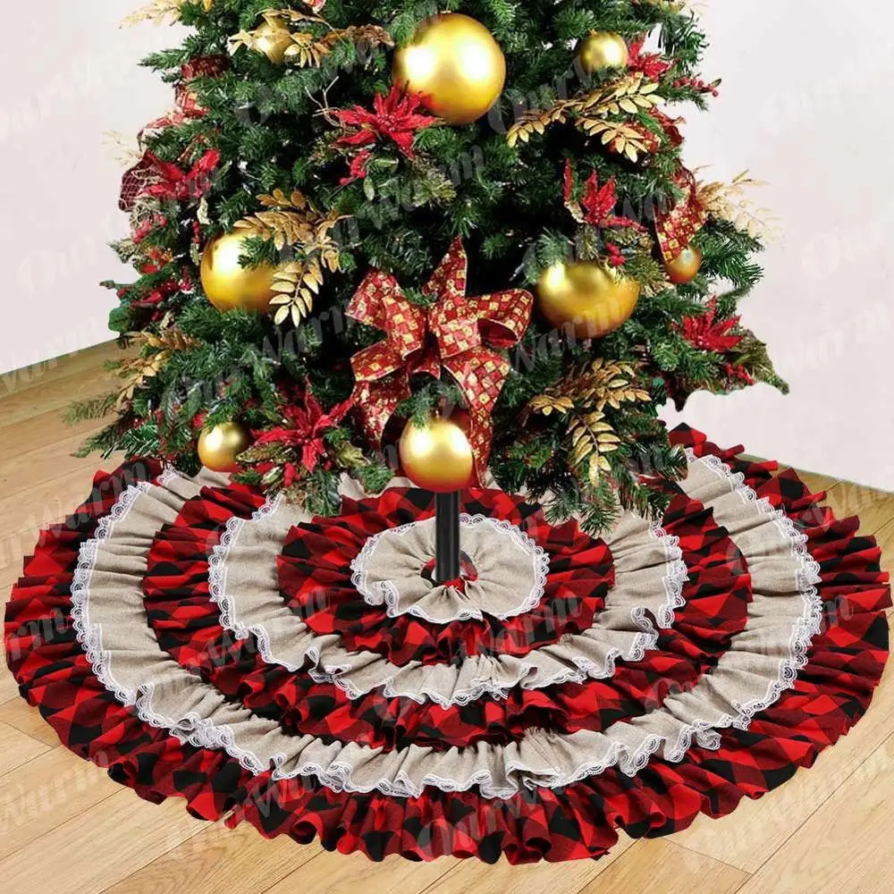 Online Nuestra cálida falda de árbol de Navidad a cuadros de 48 pulgadas con borde de volantes alfombra redonda bajo el árbol de Navidad para decoraciones navideñas de vacaciones