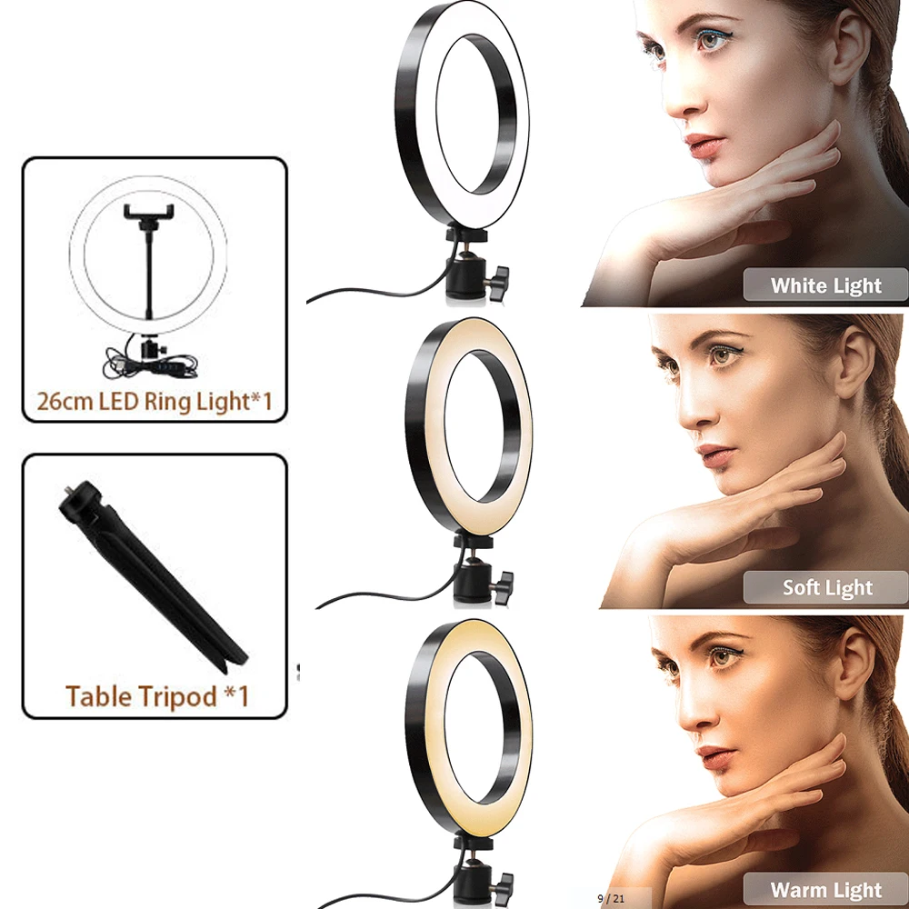 16/20/26cm Photography Youtube LED Selfie Cold Warm Lighting Dimmable LED Ring Light Phone Video Light Lamp with Tripod