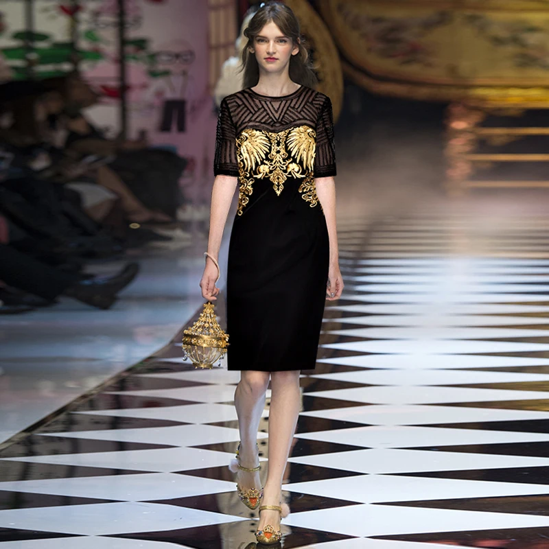

2019 Newest Runway Dress Women High Quality Half Sleeve Beading Embroidery Vintage Luxury Midi Knee Length Slim Pencil Dresses