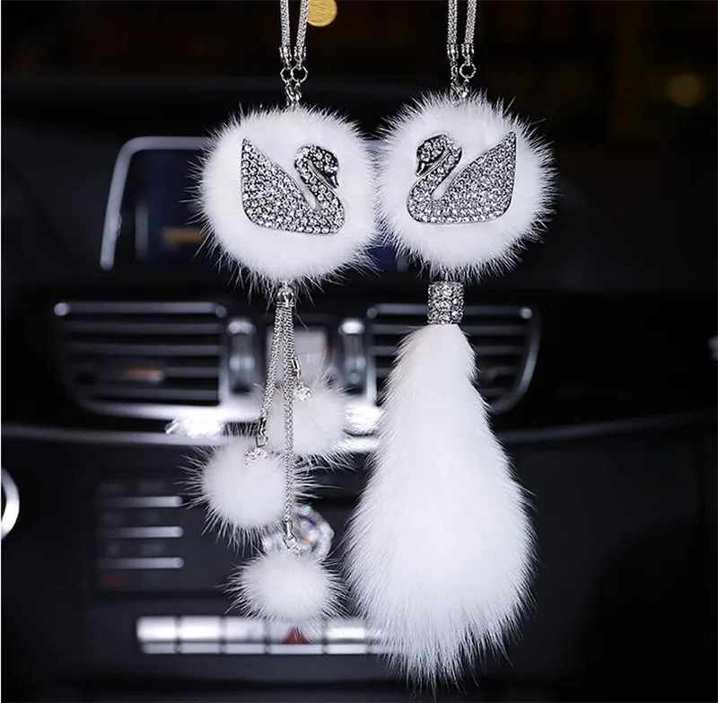 

20 PCS Car pendant swan diamond plush car ornaments rearview mirror pendant interior decoration Winter female 3 styles