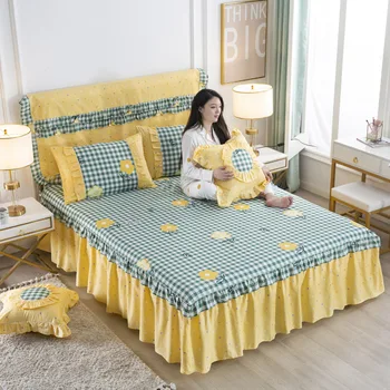

2021 Yellow grid romantic bed skirt elegant chiffon bed cover satin cotton sheets home decoration bed cover elastic band