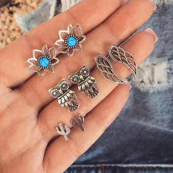 

2020 Brinco Earings Pendientes Accessories Bohemia Flowers A Hoard Of Owl Wings Combination Stud Earrings Suit Covered 4 Times