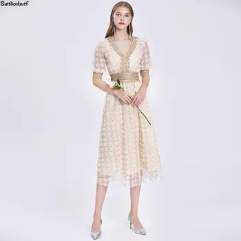 

Elegant Ladies 2020 Summer Dress Women Mesh Lace Patchwork Embroidery Sexy Party Dress Empire Hollow Vestidos Vintage Vadim Robe