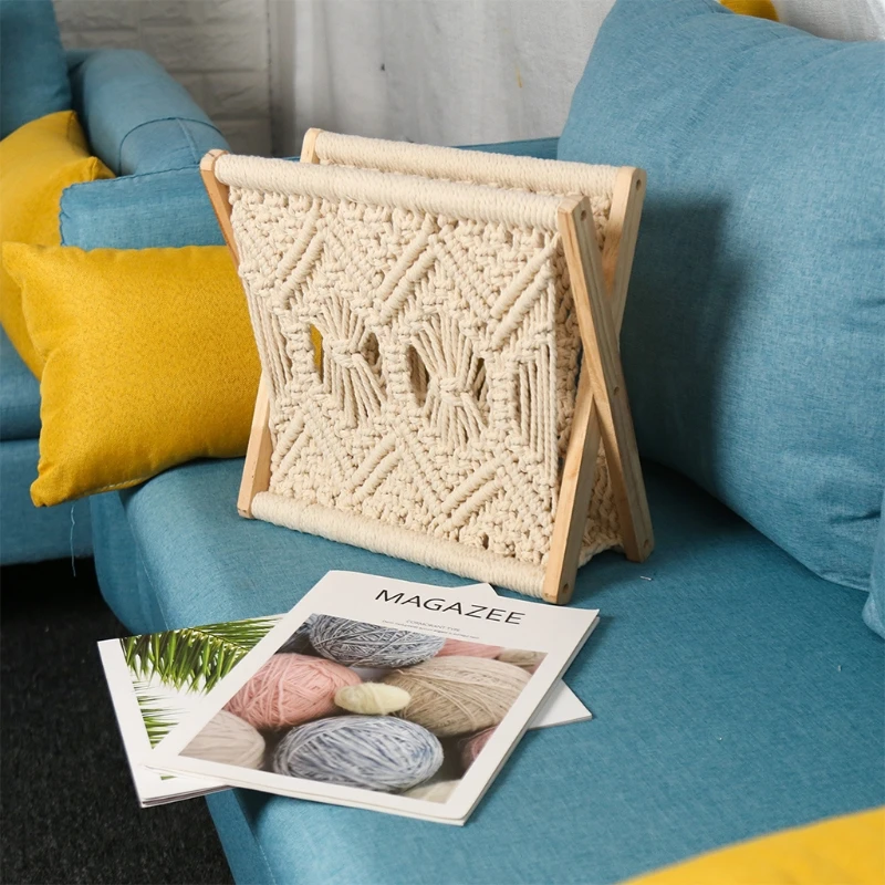 Nordic Cotton Woven Storage Basket Boho Macrame Knitting Folding Magazine Rack Desktop Book Shelf