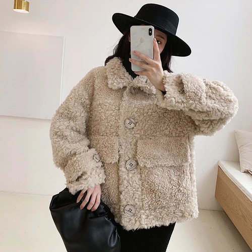 tcyeek Sheep Shearling Real Fur Coat Winter Jacket Women Wool Coats and Jackets Women Clothes Korean Long Jacket W2135 - Цвет: Apricot