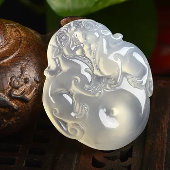 

Natural white chalcedony double cymbal safety buckle pendant fashion men and women pendant open light pendant jade