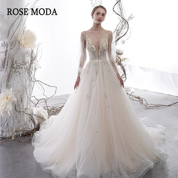 

Rose Moda Gorgeous Ivory and Gold Lace Wedding Dress 2020 with Removable Long Sleeves Jacket