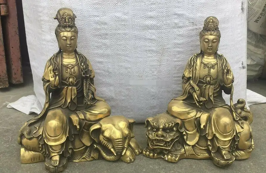 

Pair 9'' brass copper carved lion Elephant buddhism Manjusri samantabhadra