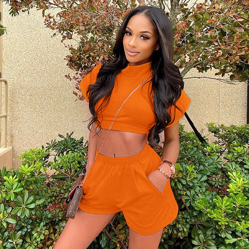 Sporty Sweatsuits For Women Two Piece Outfits Turtleneck Short Sleeve Crop  Top+elastic Waist Beach Shorts Co-ord Matching Sets - Short Sets -  AliExpress