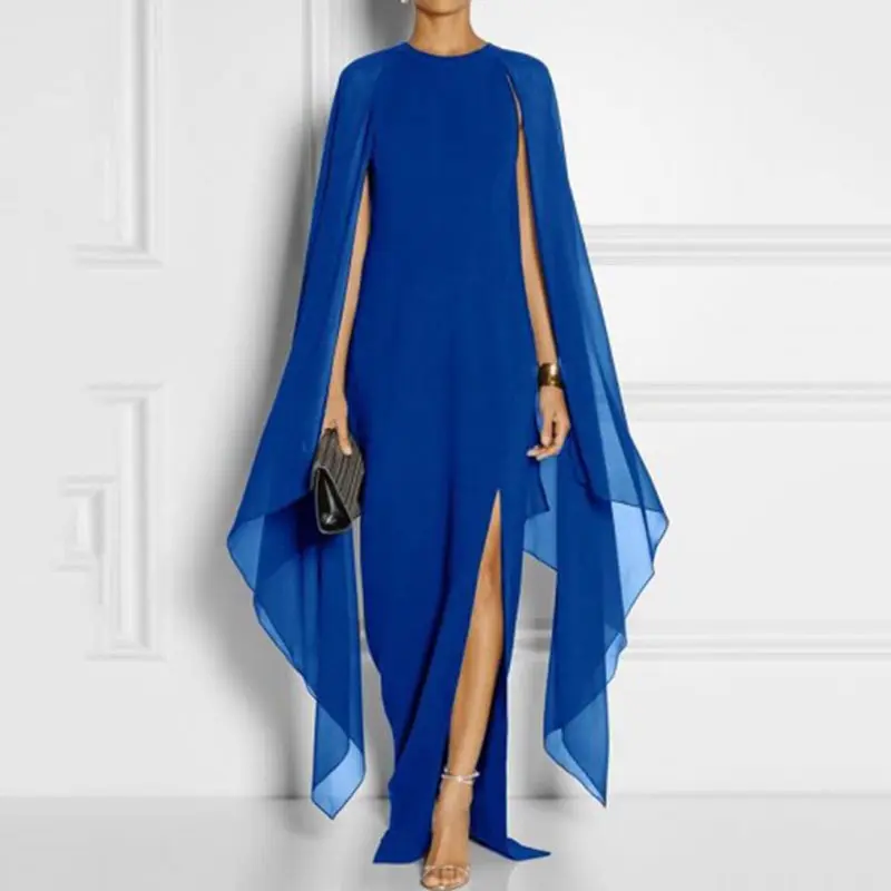 

Women Cape Long Sleeve Long Party Dress Fashion Solid Blue Red Black Chiffon Summer Ladies Evening Dinner Maxi Dress Vestido