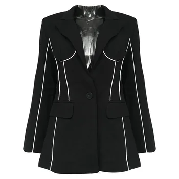 

New Fashion Suit Collar Combination White Line Receiving Temperament Small Suit Outerwear Female Tide