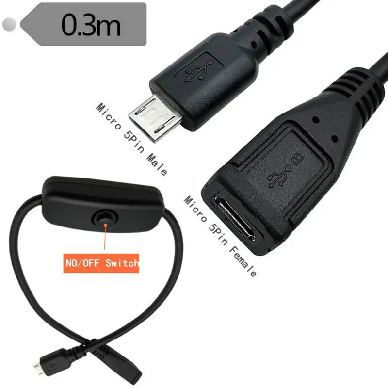 30 см кабель питания 5 в Micro USB штекер-гнездо Удлинительный с переключателем