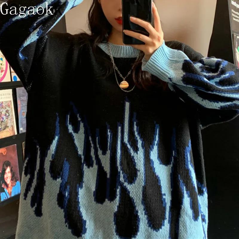 Gagaok Women Flame Sweater 2021 Spring Autumn New O-Neck Streetwear Loose Casual Knit Sweaters Harajuku Wild Fashion Pullovers | Женская
