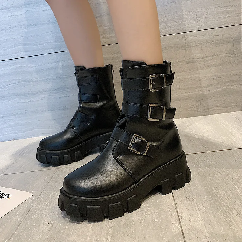 

2020 Brand Design Genuine Leather Motorcycles Boots Women Square Heels Ankle Boots Buckles Woman Shoes Boots
