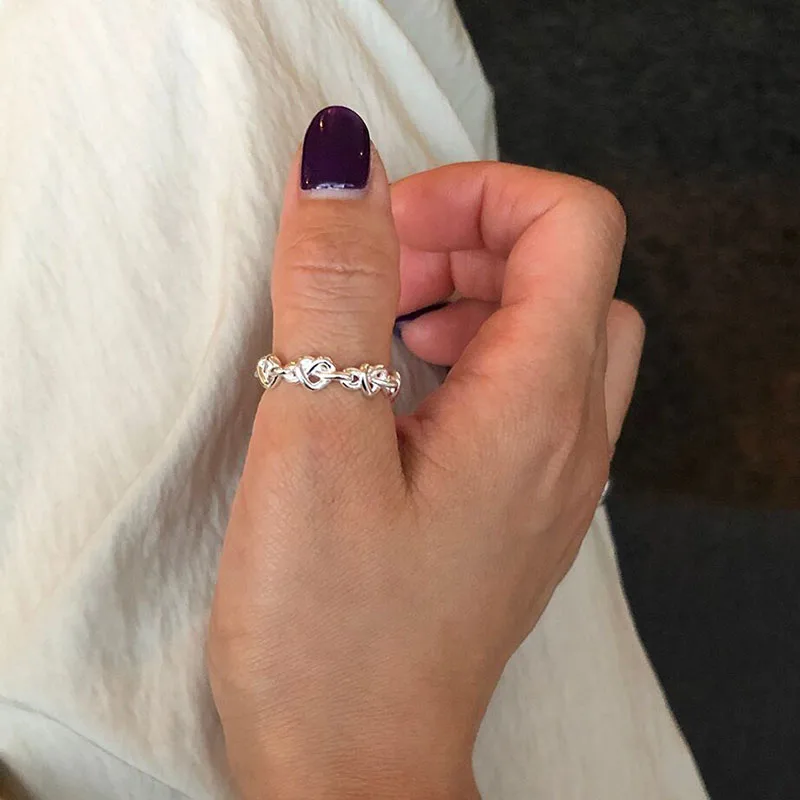Silver Ring Finger Ring FOXANRY Silver Color Rings For Women Trendy Elegant Creative Weave Texture LOVE Heart Girl Party Jewelry Birthday Gifts