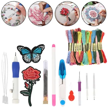 

DIY Embroidery Pen Knitting Sewing Tool Kit Punch Needle Set with 50 Colors Threads Plastic Steel Home Decoration Ornaments