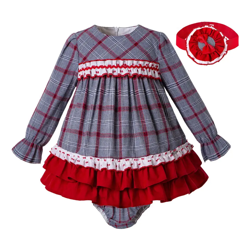 

Pettigirl New Autumn Christmas Children Clothing Sets Baby Girl Grid Dress+PP Pants+Headwear Ruffle Girls Outfits Kids Clothes